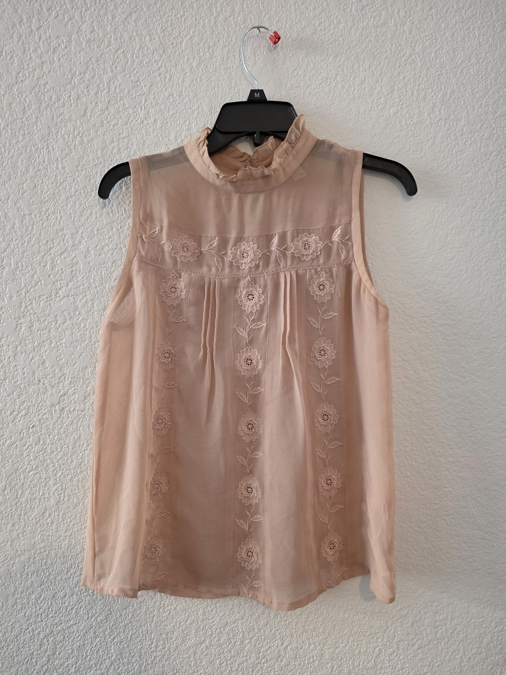 H&M Pink Sheer Embroidered Ruffle Neck Camisole